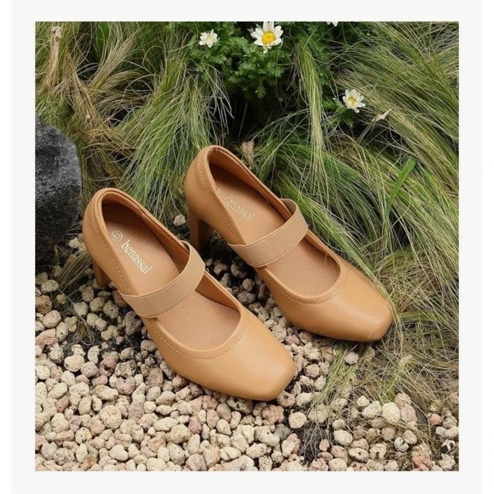 Benassal Womens Square Toe Mary Janes High Heels Dress Shoes - 8.5 Beige Tan New - Picture 9 of 17